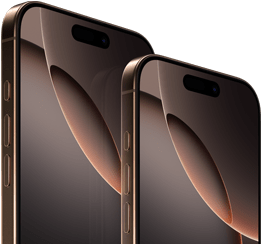 Un iPhone 16 Pro Max da 6,9 pollici e un iPhone 16 Pro da 6,3 pollici visti da davanti, si notano il tasto Azione, i tasti del volume, la Dynamic Island al centro verso il bordo superiore