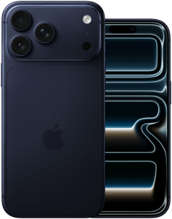 Uno accanto all’altro, un iPhone 17 Pro Max blu profondo mostrato da dietro, con sistema di fotocamere Pro, 3 obiettivi, microfono, flash, e un iPhone 17 Pro blu profondo mostrato di fronte, con design all-screen