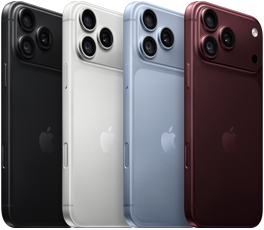Una fila di iPhone 18 Pro mostrati da dietro nei quattro colori disponibili: borgogna, ghiacciaio, argento e nero; sistema di fotocamere Pro Fusion nell’angolo in alto a sinistra, tre obiettivi, microfono, flash