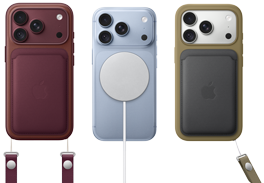 Da sinistra a destra: iPhone 18 Pro con custodia in pelle borgogna e tracolla borgogna, iPhone 18 Pro ghiacciaio con alimentatore MagSafe bianco agganciato, iPhone 18 Pro color argento con portafoglio in pelle verde e laccetto da polso.