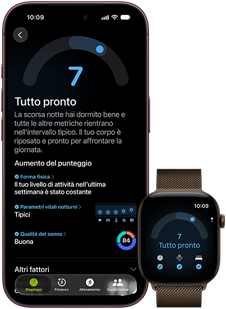 iPhone 18 Pro nero mostrato di fronte, con un punteggio di 7 punti nella funzione Preparazione, abbinato a un Apple Watch marrone mostrato di fronte con lo stesso punteggio di 7 punti nella funzione Preparazione