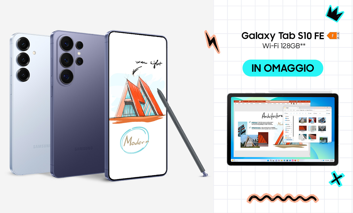Tre Galaxy S26 Ultra in colorazioni diverse, con S Pen che disegna sullo schermo, e Galaxy Tab S10 FE in omaggio.
