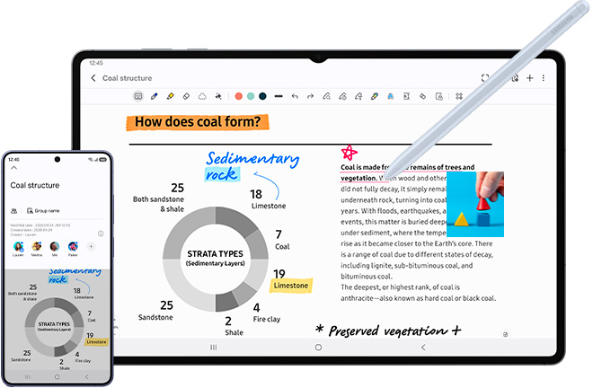 Appunti sincronizzati tra smartphone e Galaxy Tab S10 FE con Samsung Notes.